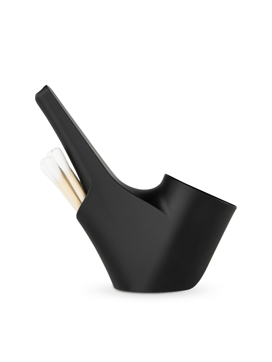  Side shot of Puffco black Proxy travel pipe with cotton swabs in back compartment